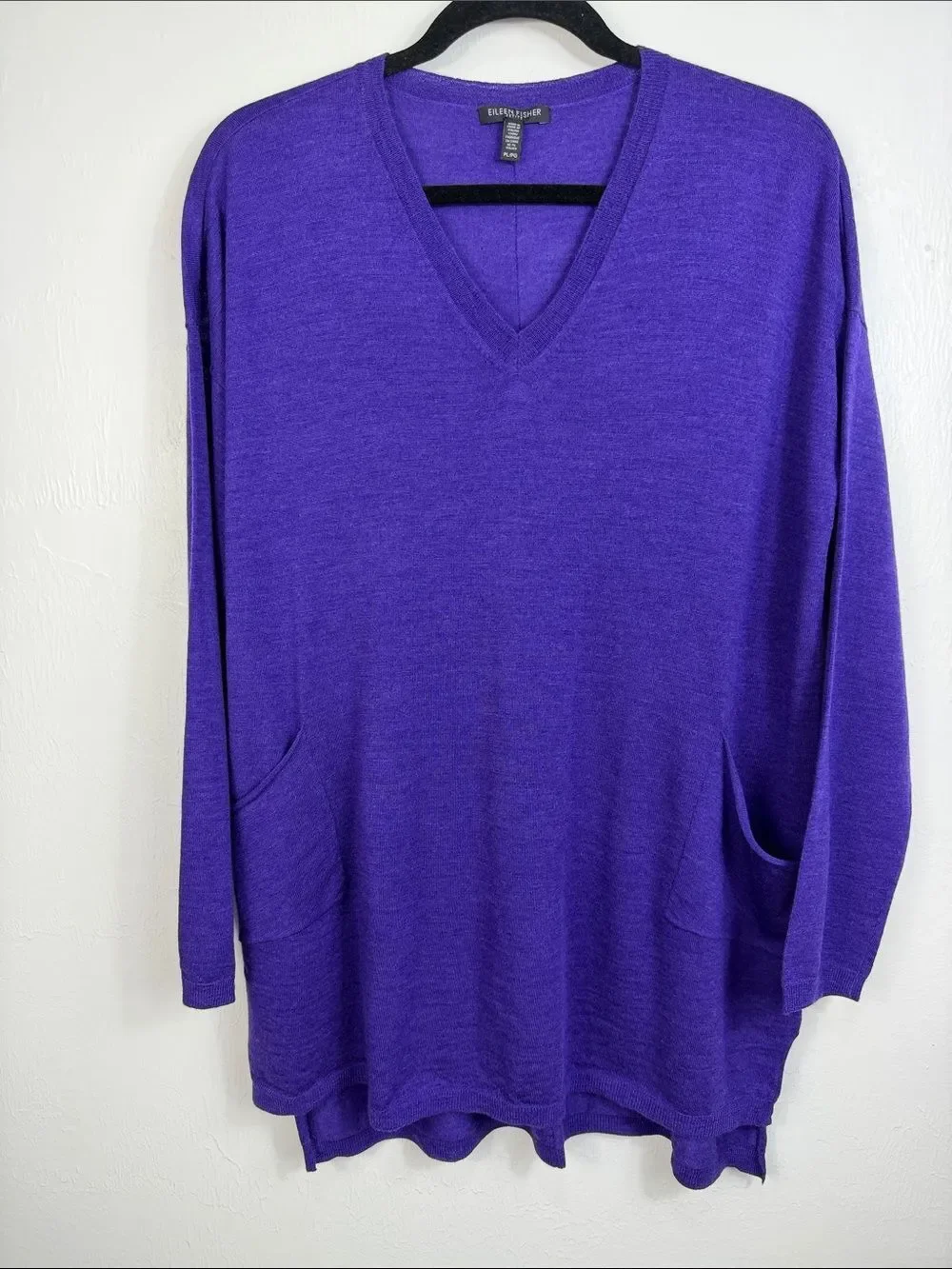 Eileen Fisher Merino Wool Tunic Sweater Purple V Neck Pockets PL Petite